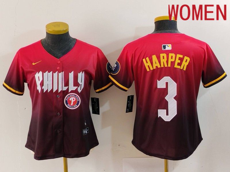Women Philadelphia Phillies #3 Harper Red City Edition 2024 Nike MLB Jersey style 5->women mlb jersey->Women Jersey